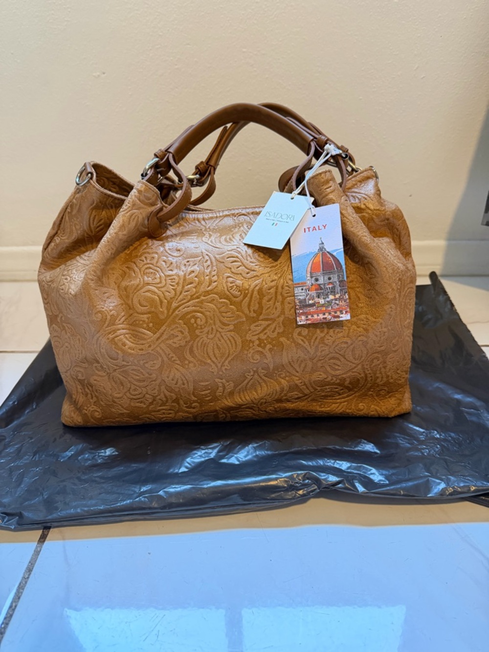 SOLD - ISADORA Italian Embossed Leather Satchel Bag - Tan